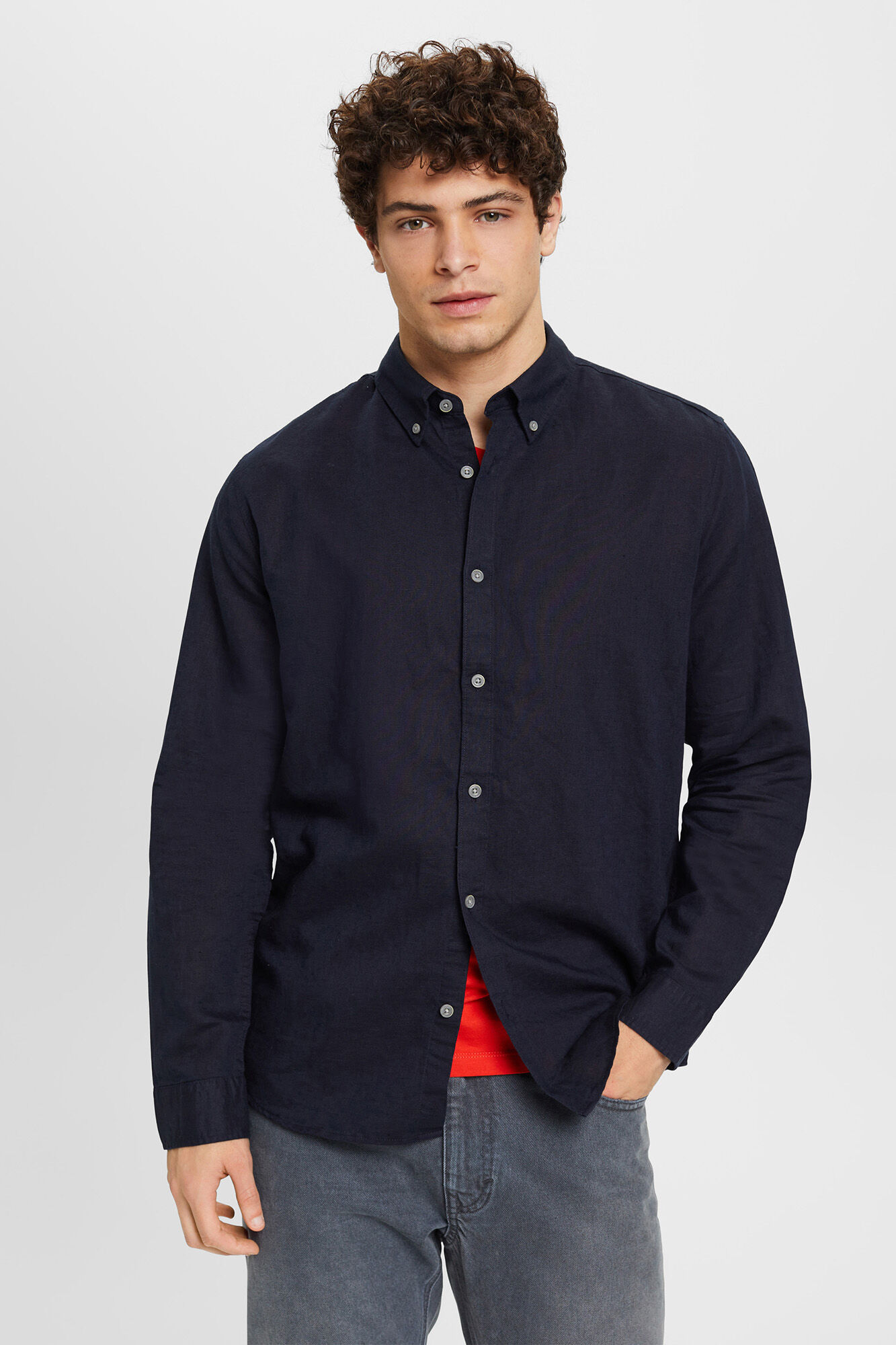 Esprit Camisa b&aacute;sica regular fit con lino Navy