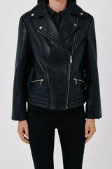 Cortefiel Leather zip fastening jacket Black