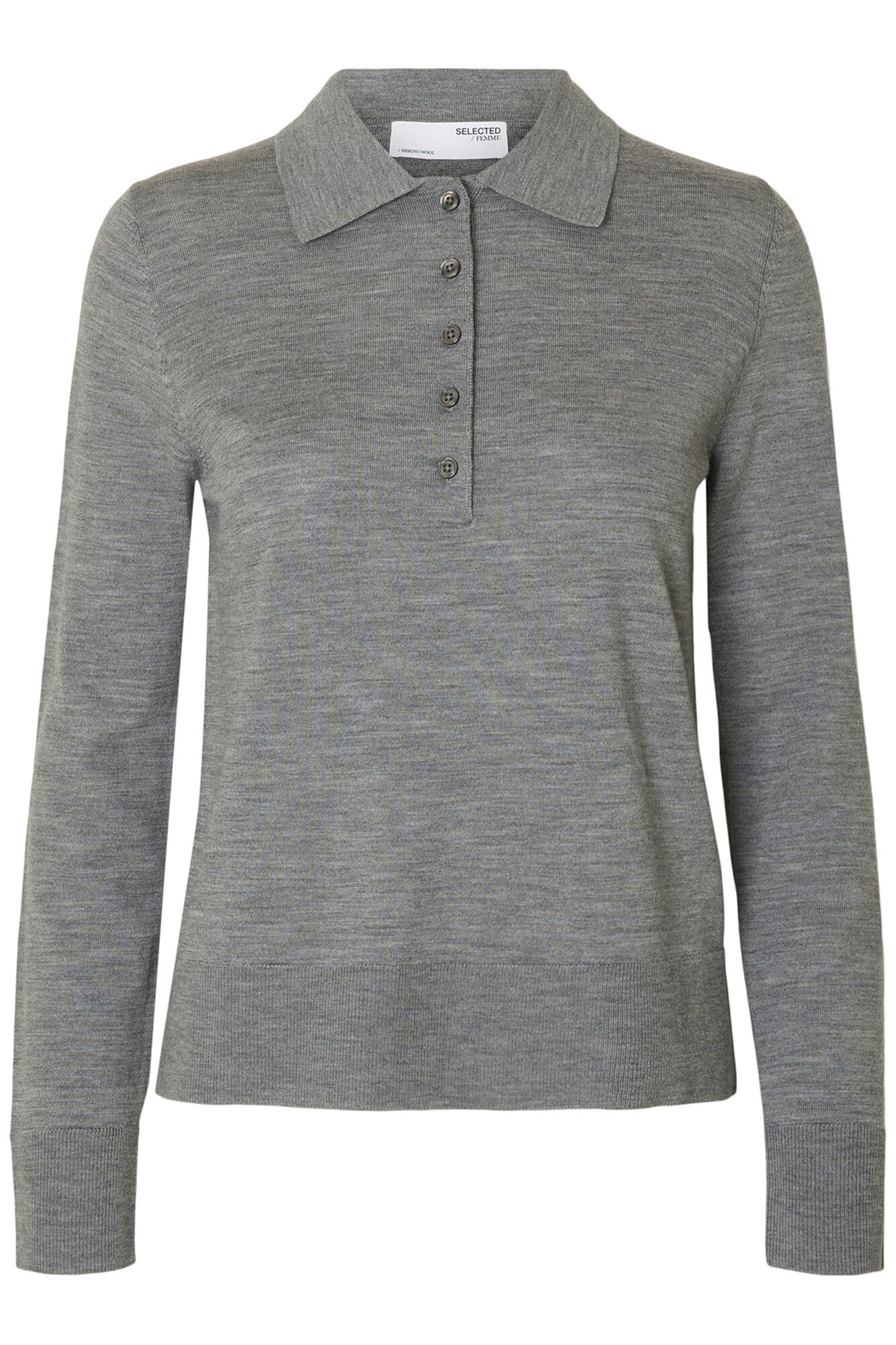 Selected Camisola polo 100% l&atilde; merino. Cinzento