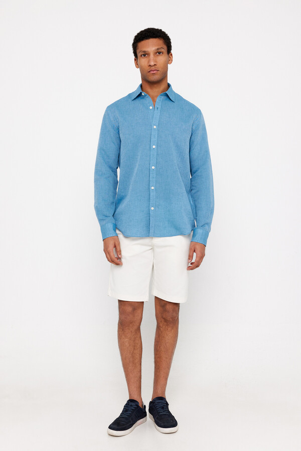 Cortefiel Plain linen/cotton shirt Blue