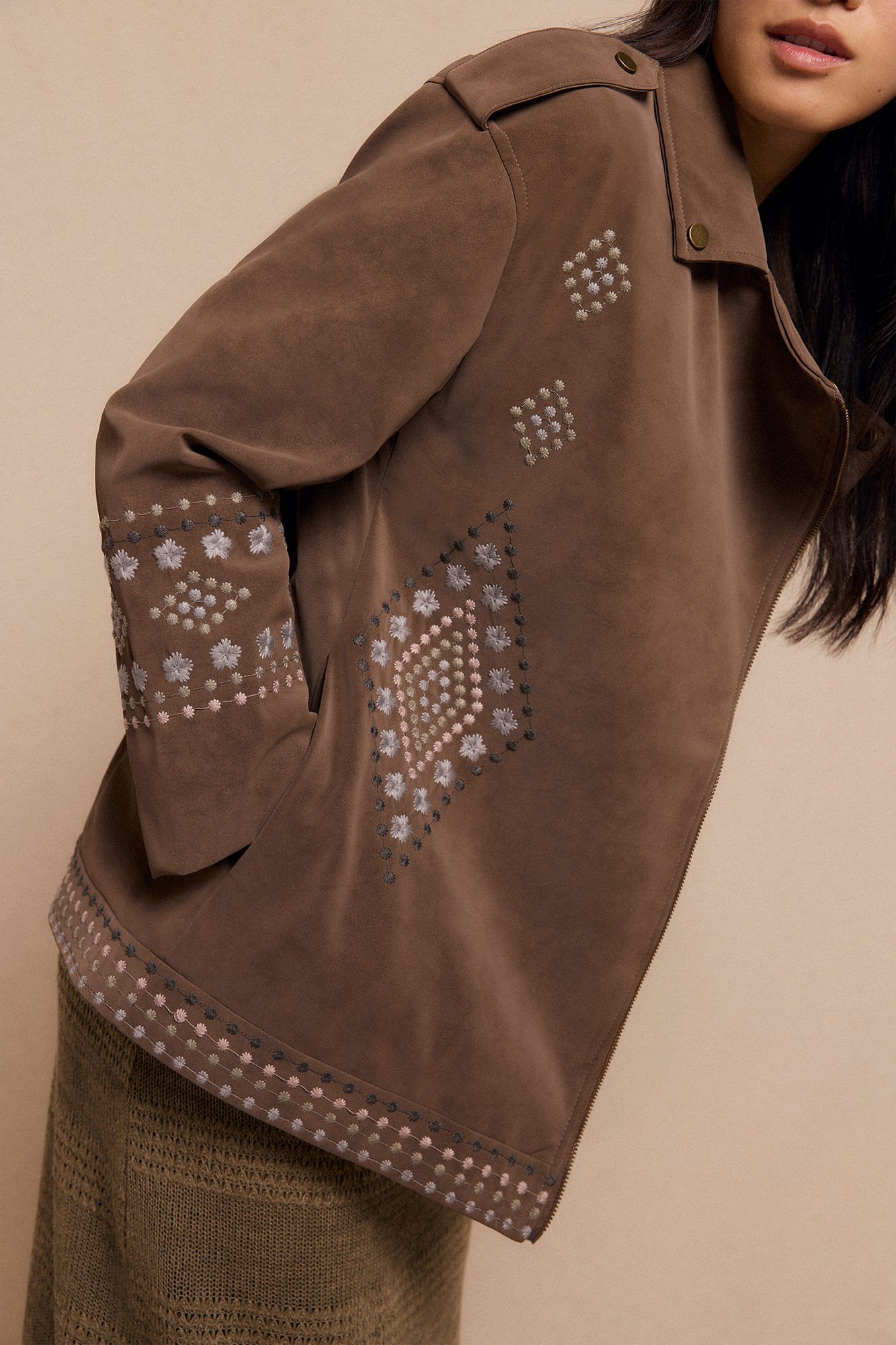 Slowlove Jaqueta biker com efeito pele bordado