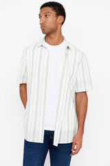 Cortefiel Striped short-sleeved linen and cotton shirt Dark green