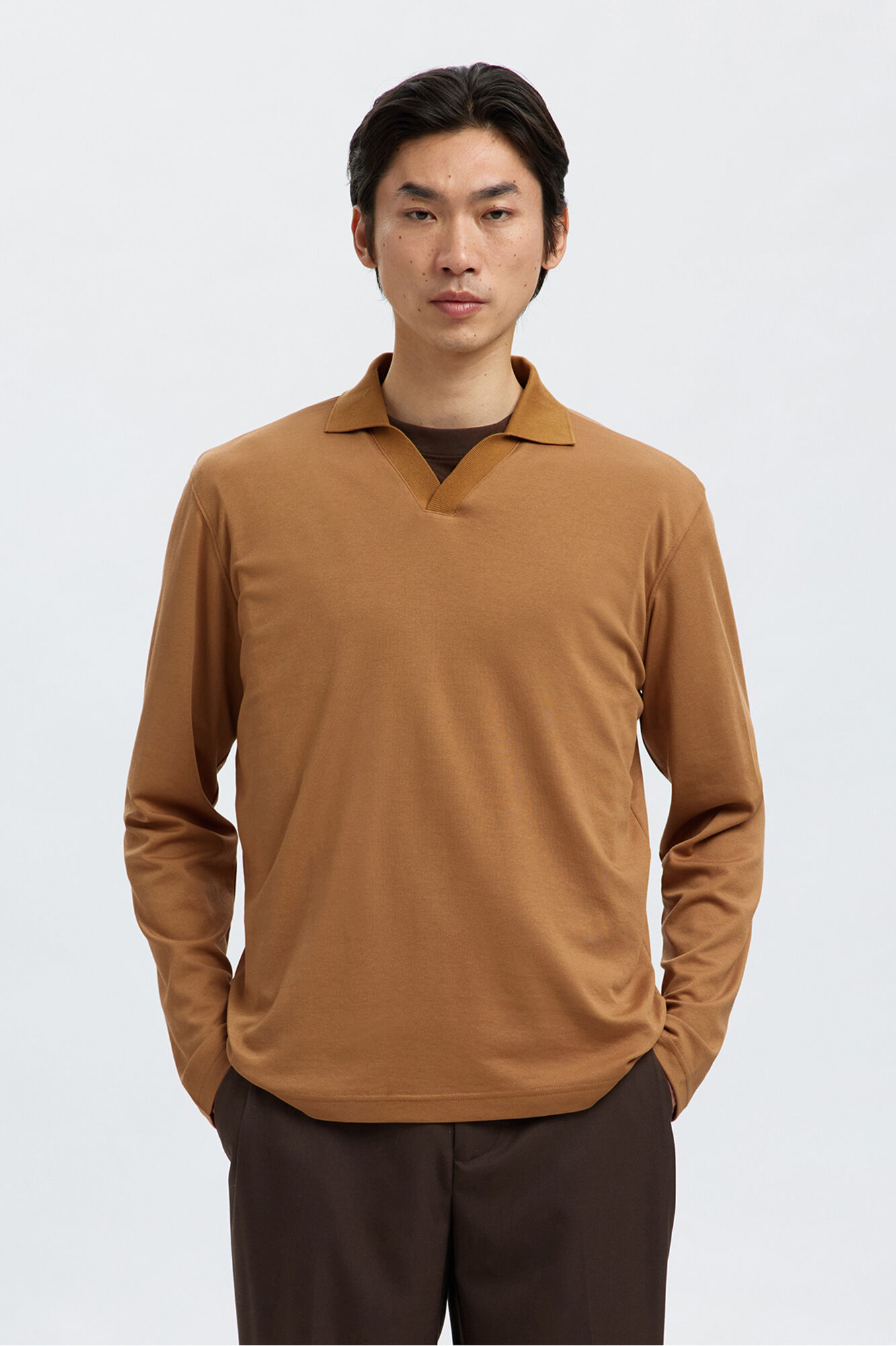 Selected long sleeve organic cotton polo shirt  Dark brown
