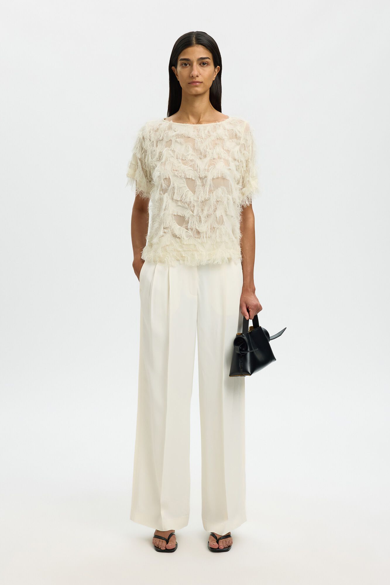 Selected Blusa de manga curta com tecido de franjas Branco