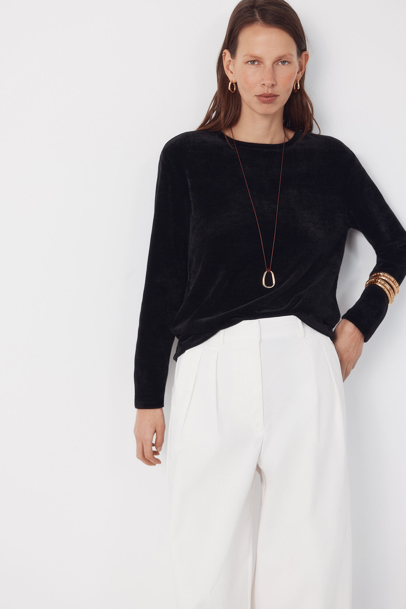 Cortefiel Camiseta de chenille Preto