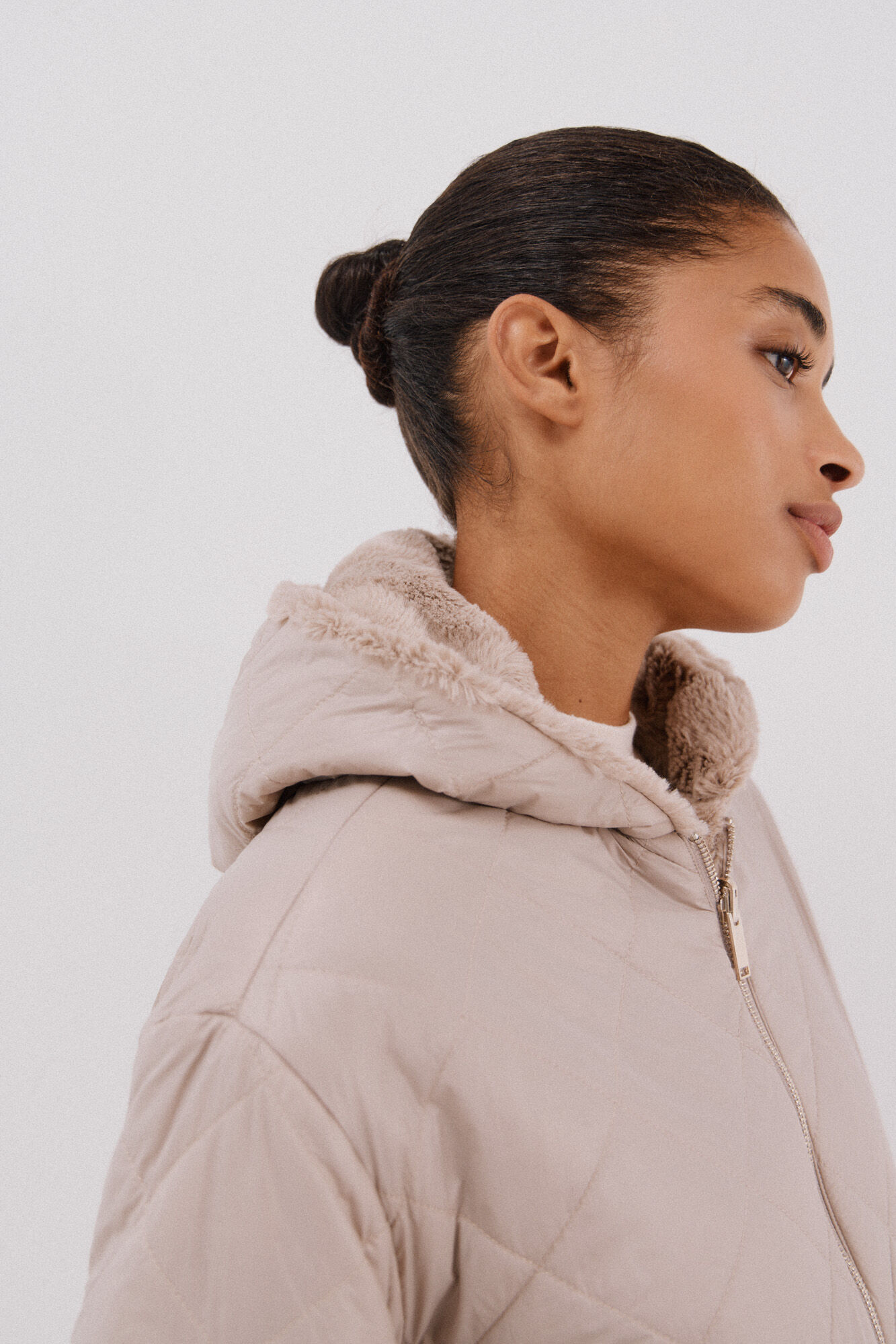 Cortefiel reversible quilted anorak with fur effect Beige