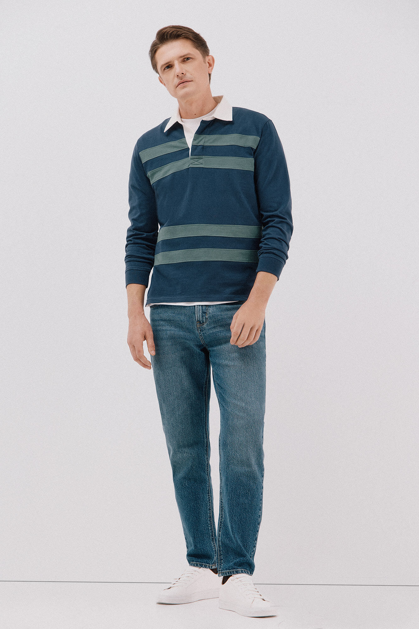 Cortefiel Striped rugby polo shirt Navy