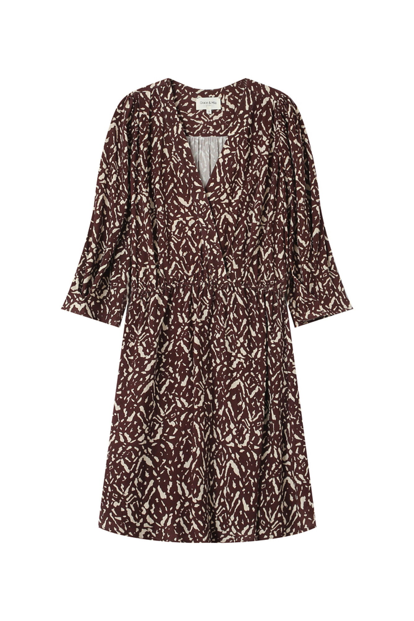 Grace & Mila Vestido curto de manga 3/4 com decote em V e estampado abstrata bicolor Castanho