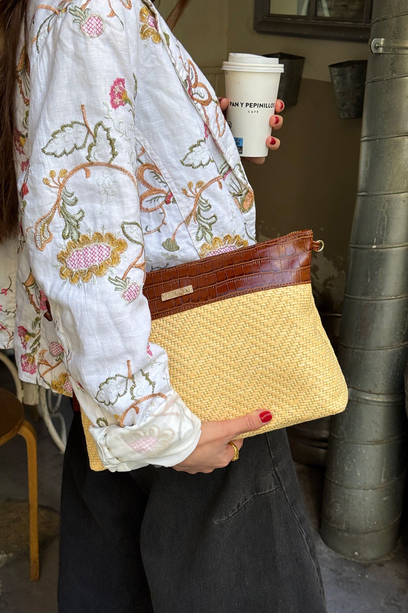 The Code About Marbella leather and hazelnut raffia Brown