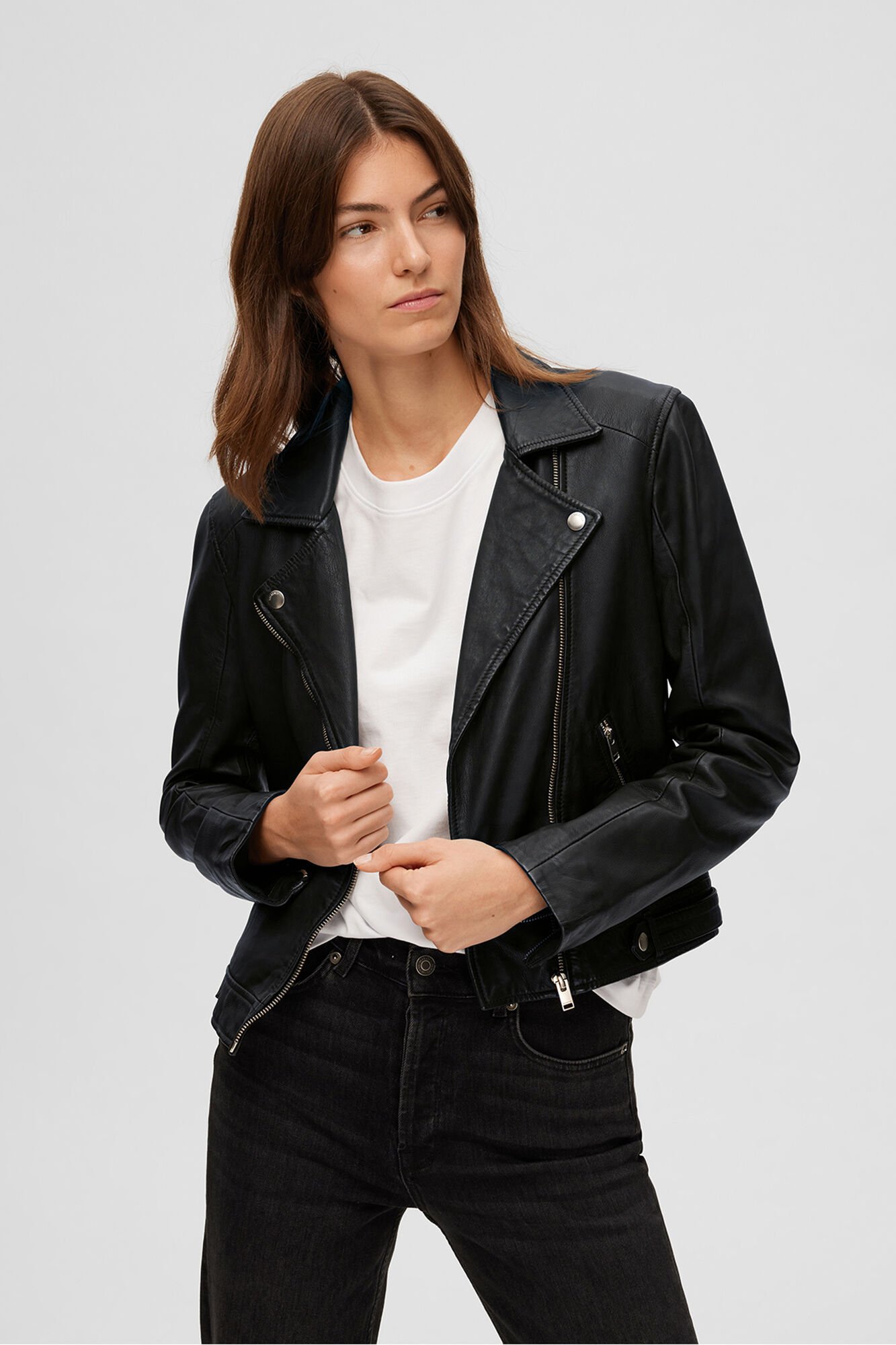 Selected 100% leather Cropped Biker Jacket . Black