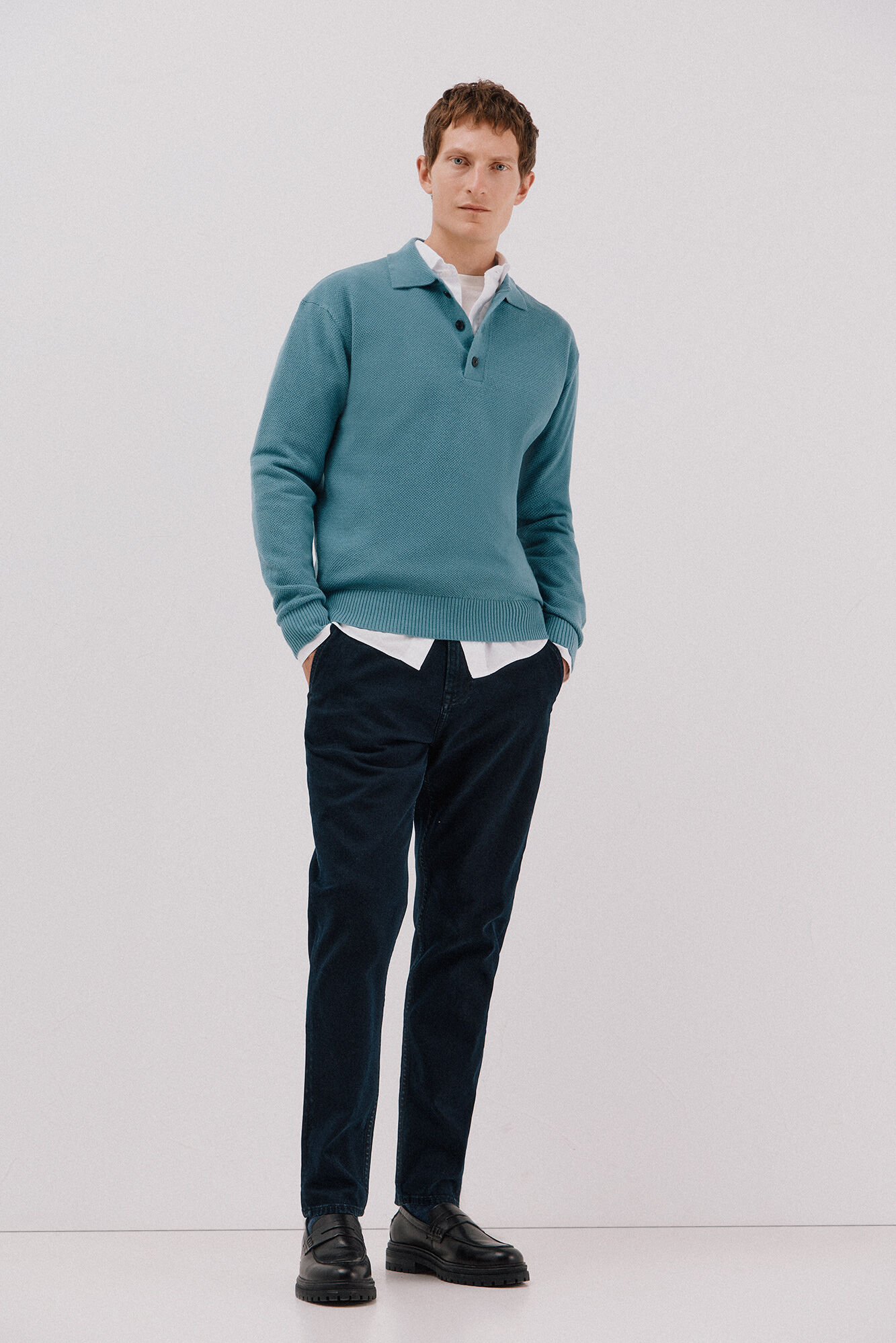 Cortefiel Jersey estructura lana cuello polo botones Azul