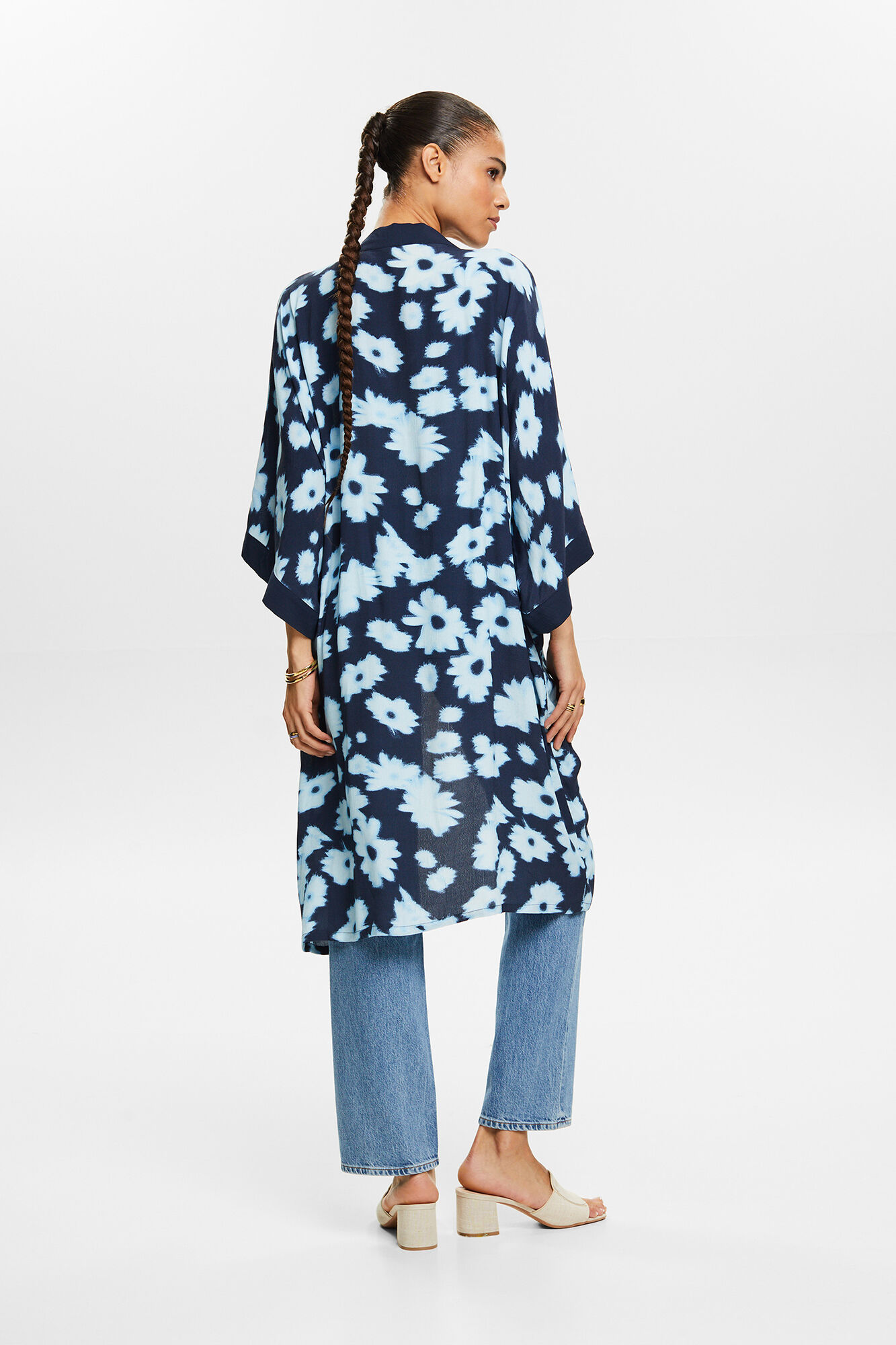 Esprit Long floral print kimono with Ecovero viscose Printed blue