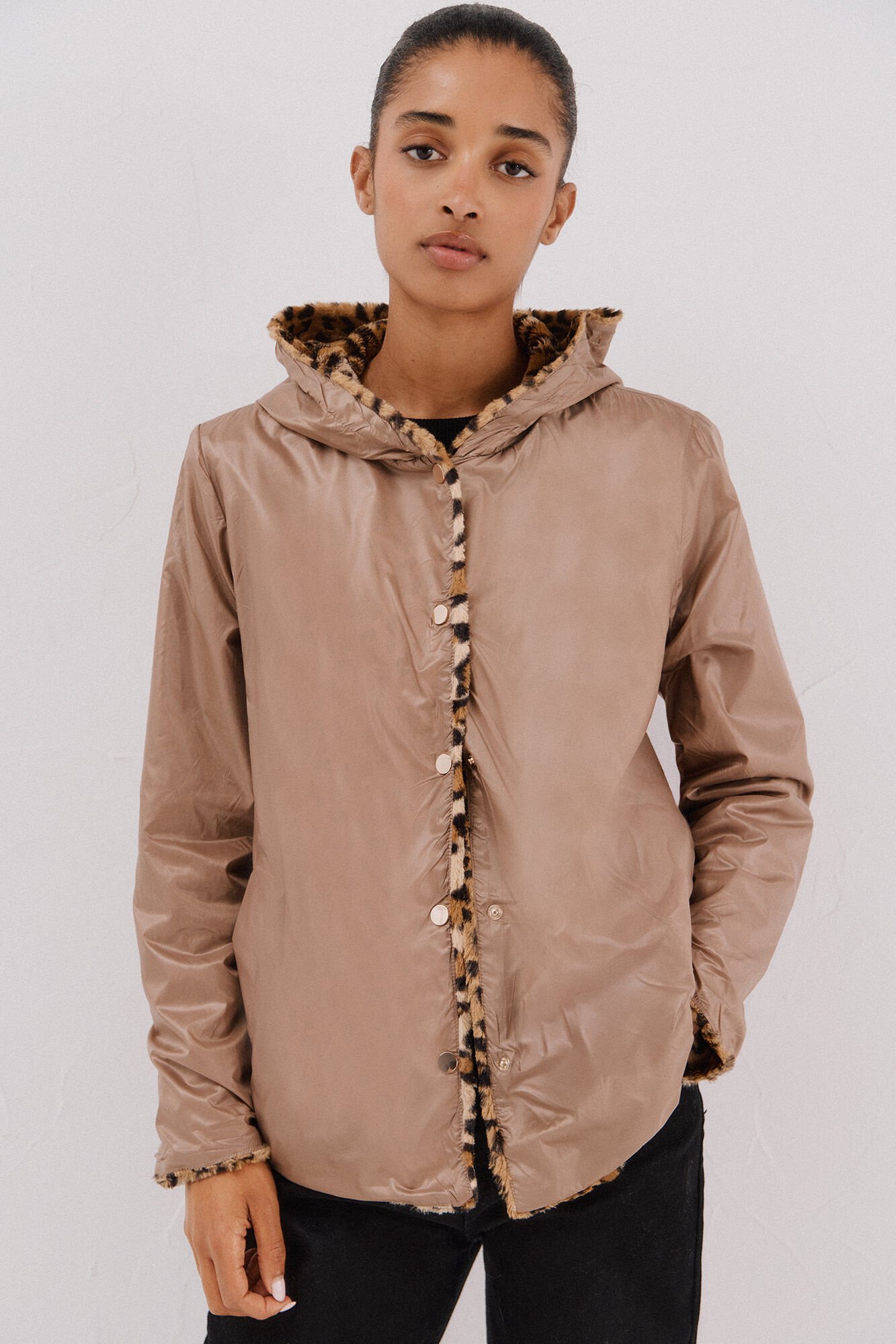 Cortefiel Short reversible faux fur jacket Beige