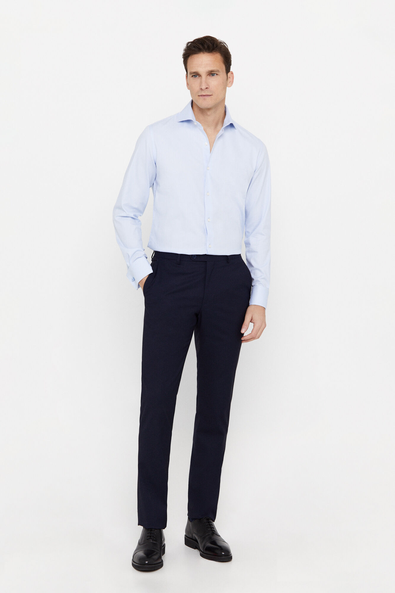 Cortefiel Plain easy-iron structured dress shirt with cuffs and cufflinks Blue