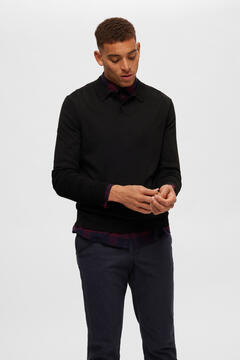 Cortefiel Long-sleeved polo shirt in Coolmax® merino wool Black