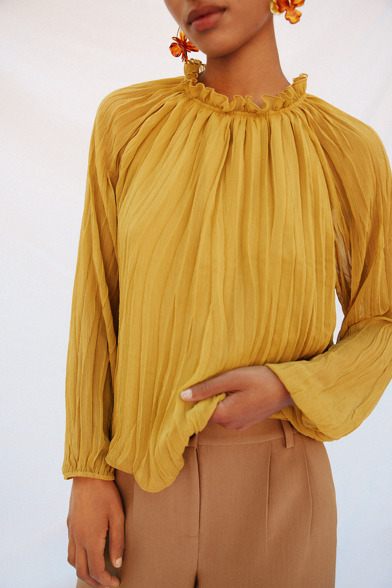 Cortefiel Flowy gathered blouse Yellow