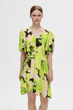 Cortefiel Short printed dress in Ecovero viscose with slit and tie at the back.  Green