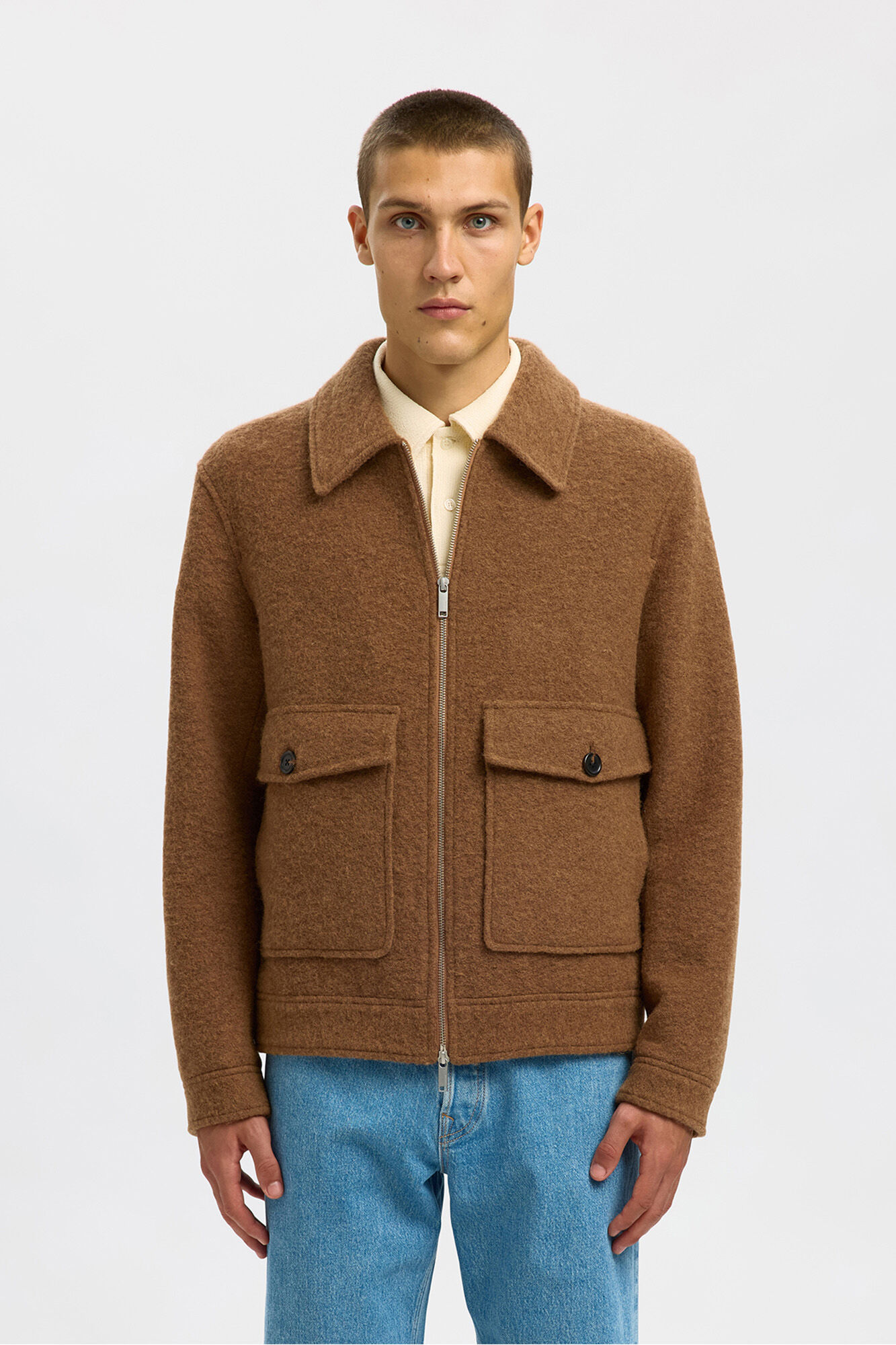 Selected Blus&atilde;o curta de l&atilde; com fecho-&eacute;clair Castanho