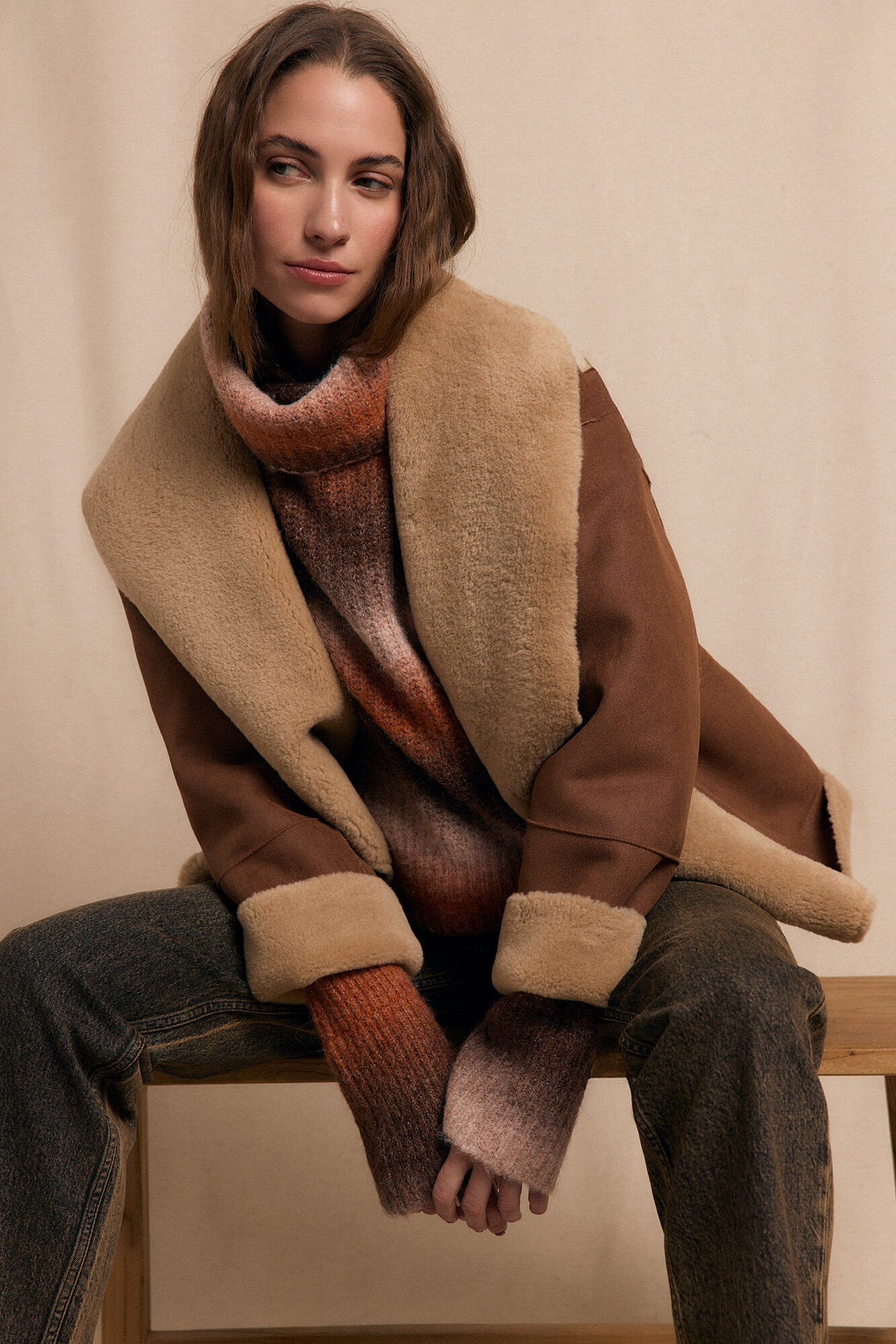 Slowlove Sobretudo curto com efeito dupla face Tostado