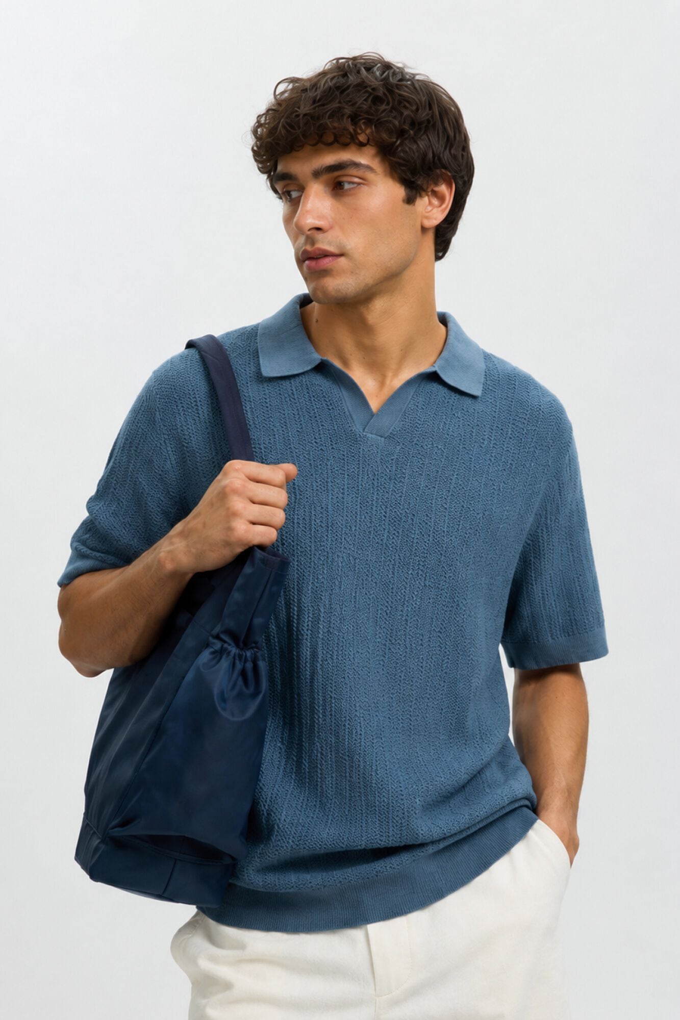 Selected Polo de malha com gola aberta Azul