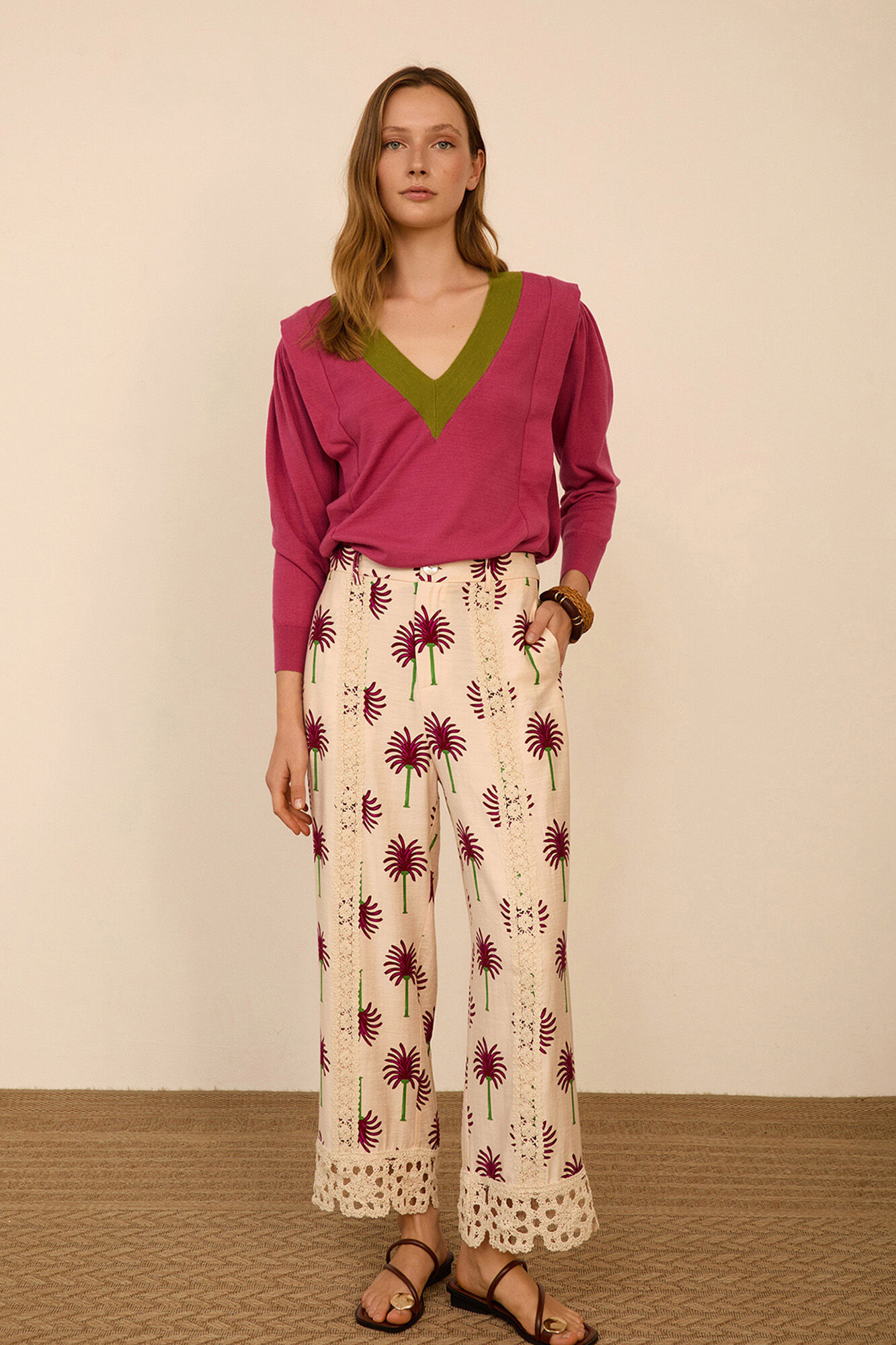 Meisie Printed cropped trousers Printed white