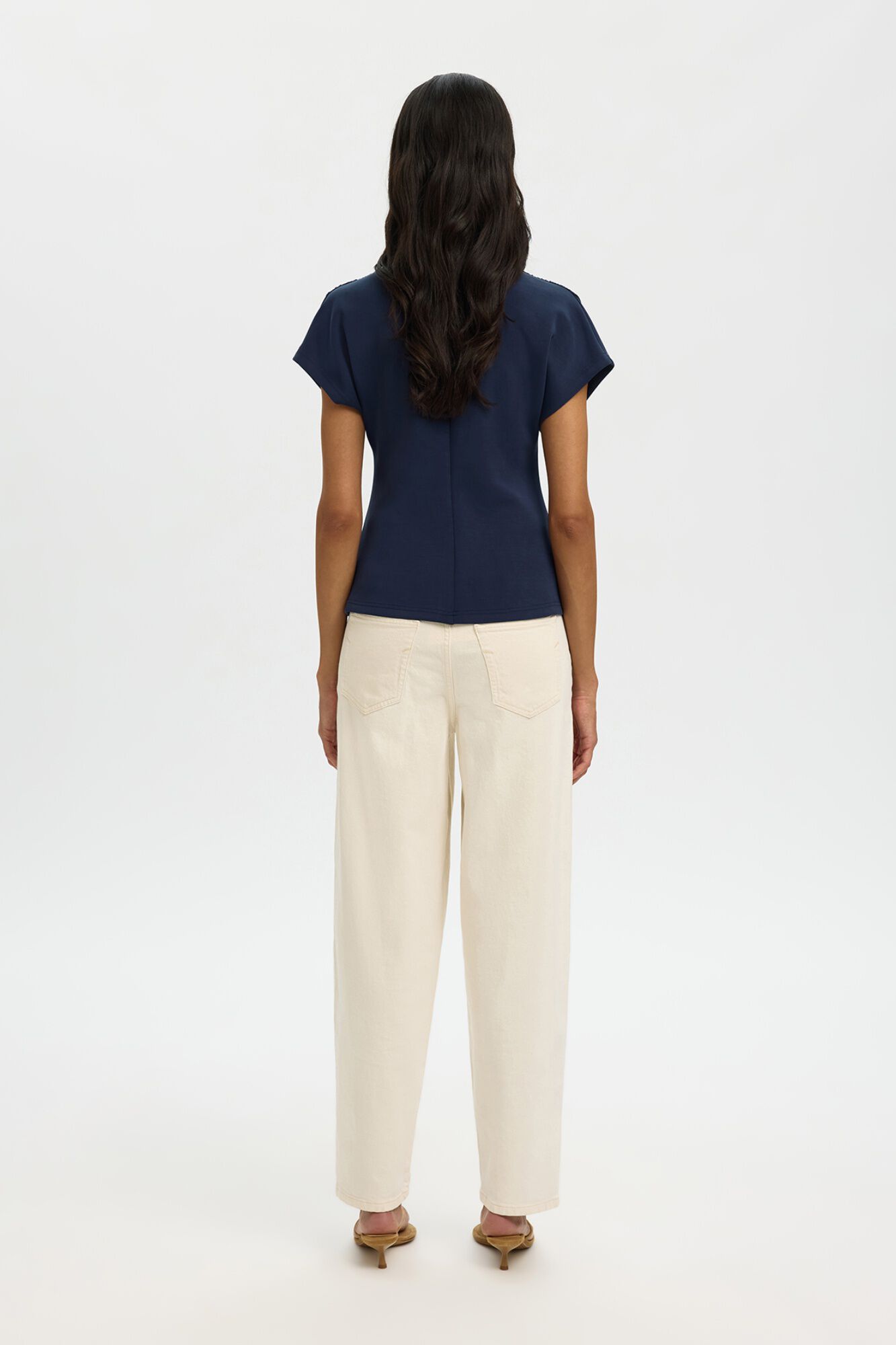 Selected V-neck three-quarter sleeve T-shirt Navy