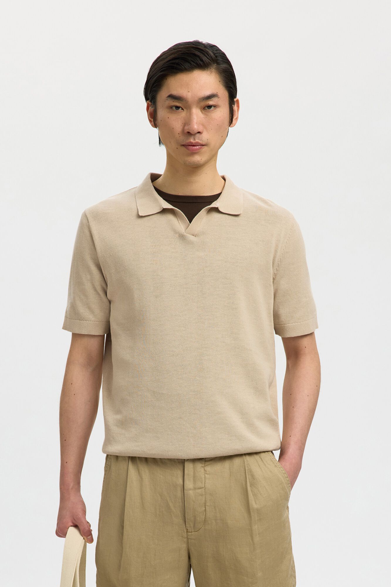 Selected Polo de malha com gola aberta