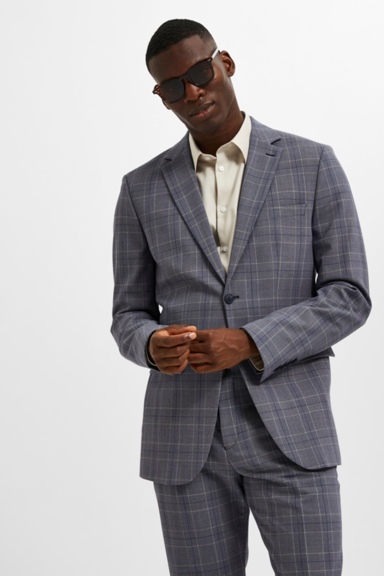 Selected Blazer Slim Fit de xadrez com bolsos Cinzento