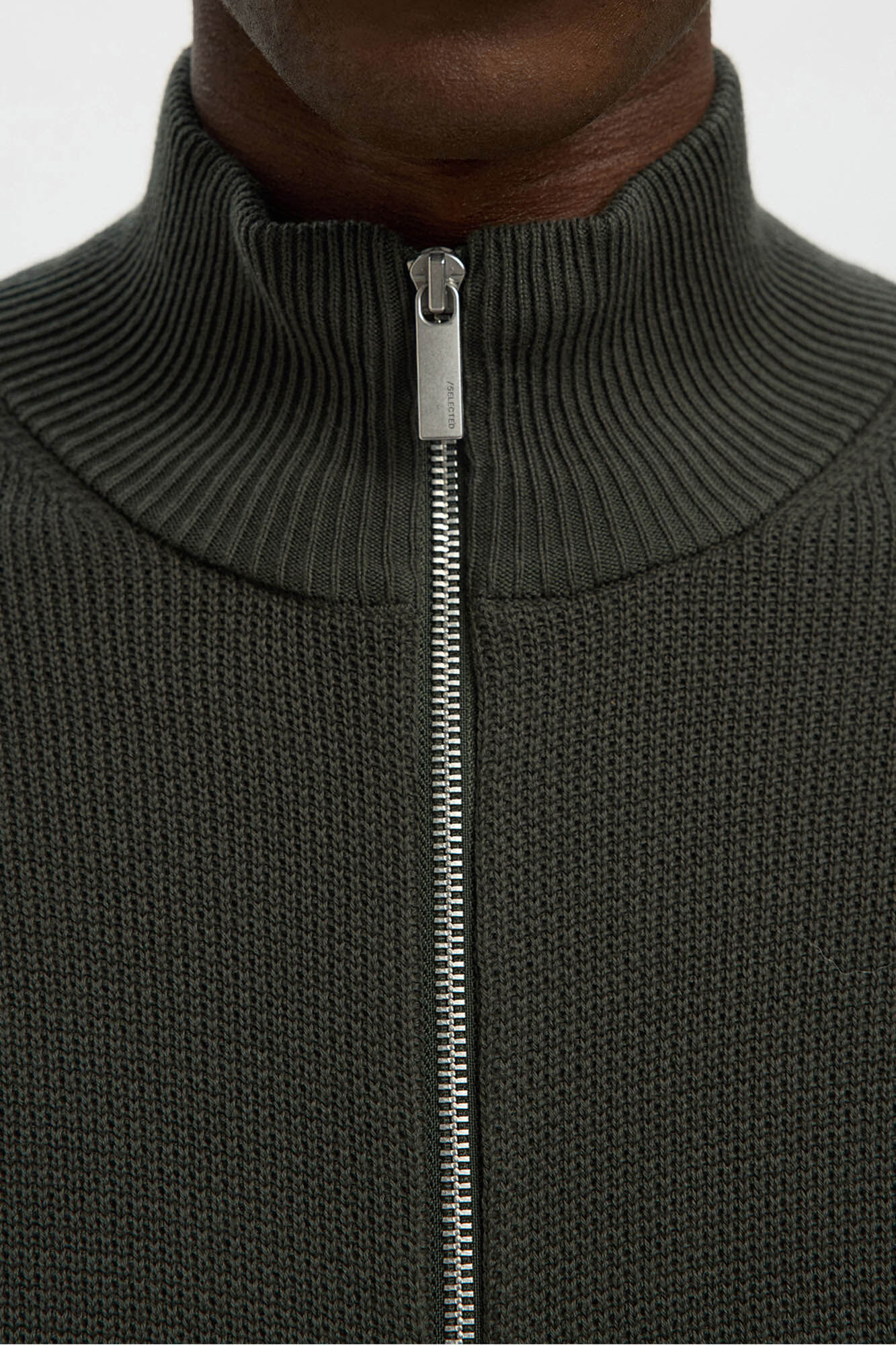 Selected 100% organic cotton jersey-knit zip fastening jacket Dark green