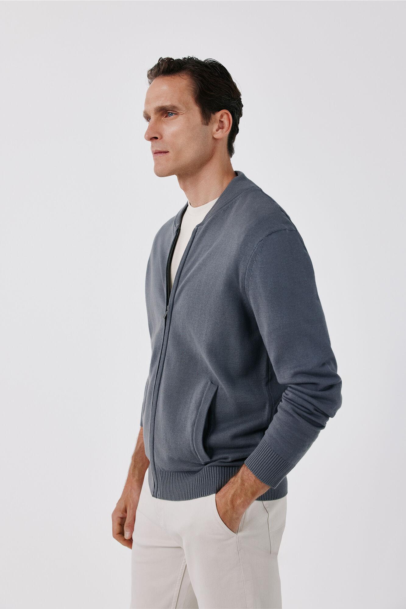Cortefiel Cotton fine knit zip fastening cardigan Grey