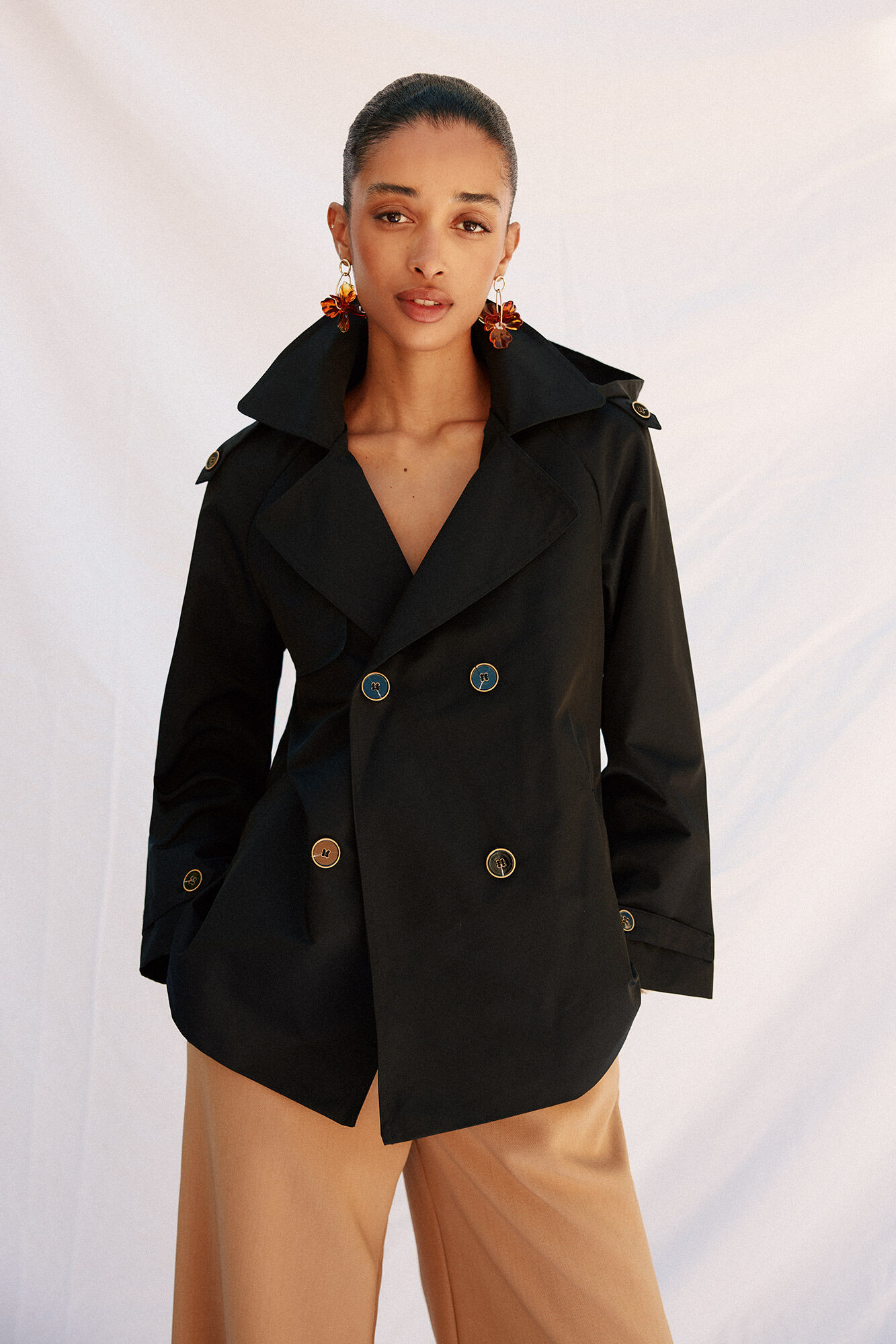 Cortefiel Short flared trench coat Black