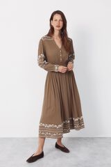 Cortefiel Embroidered dress Kaki