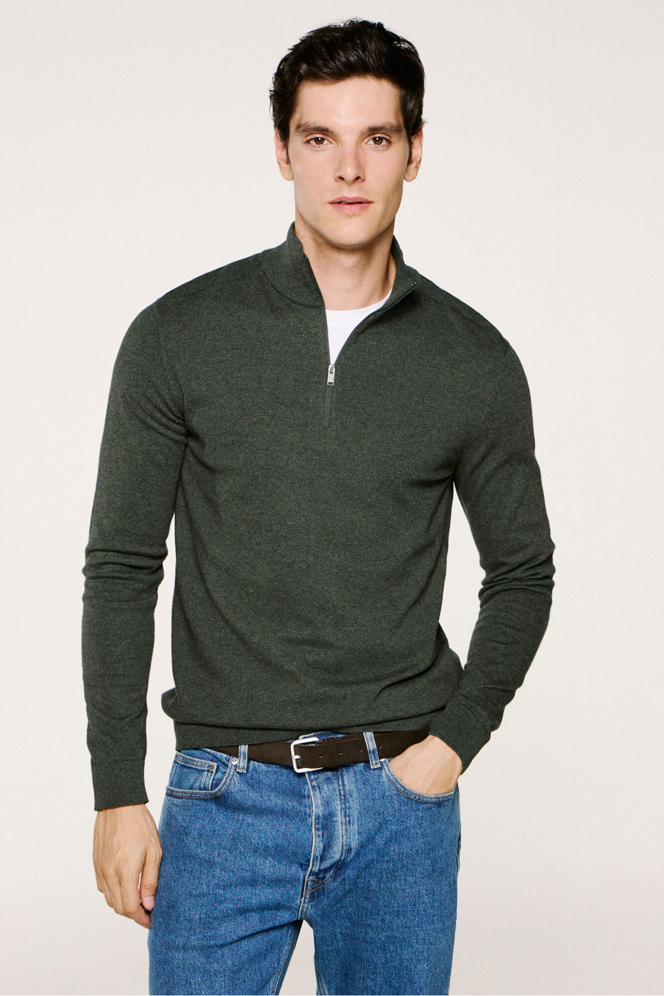 Selected Malha 100% camisola com meia fecho-&eacute;clair . Verde