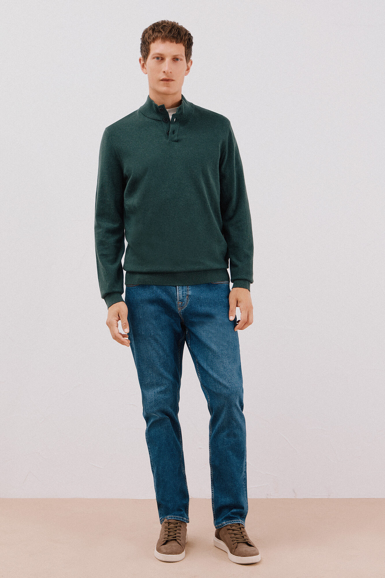 Cortefiel Camisola algod&atilde;o caxemira gola alta Verde