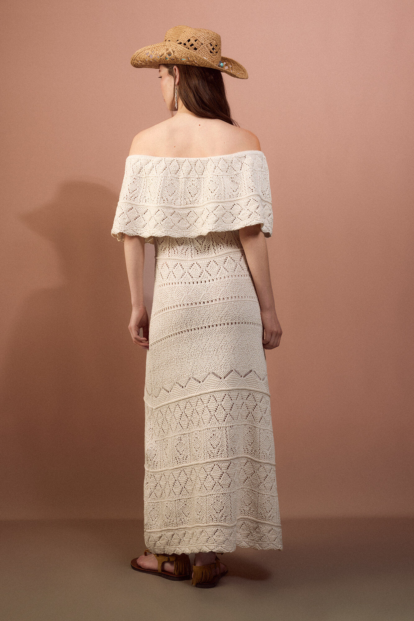 Slowlove Vestido decote rendado com folho Ecru