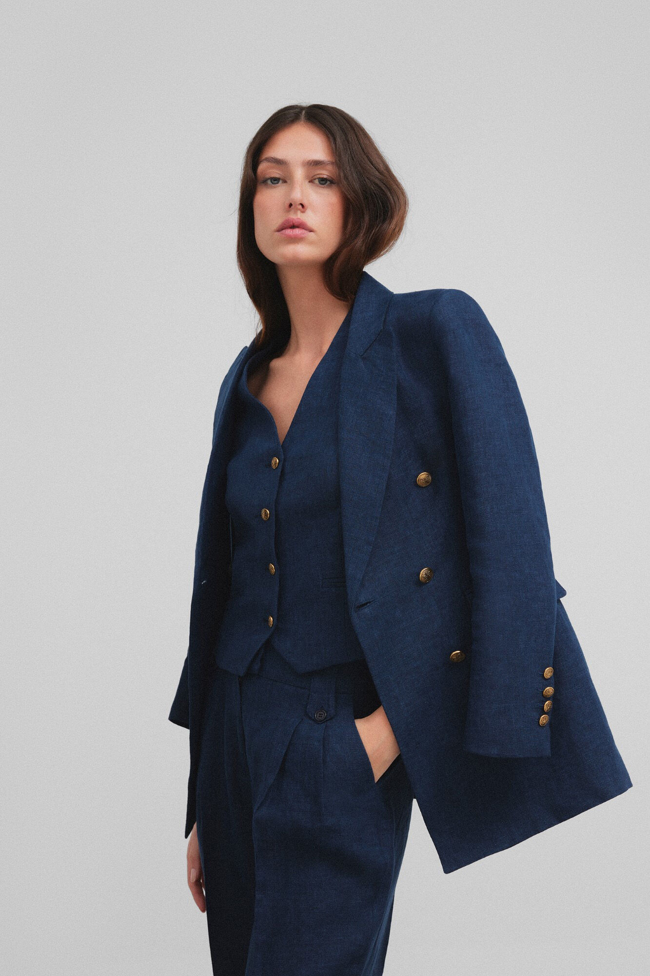 Silbon Women's double-breasted linen blazer Navy