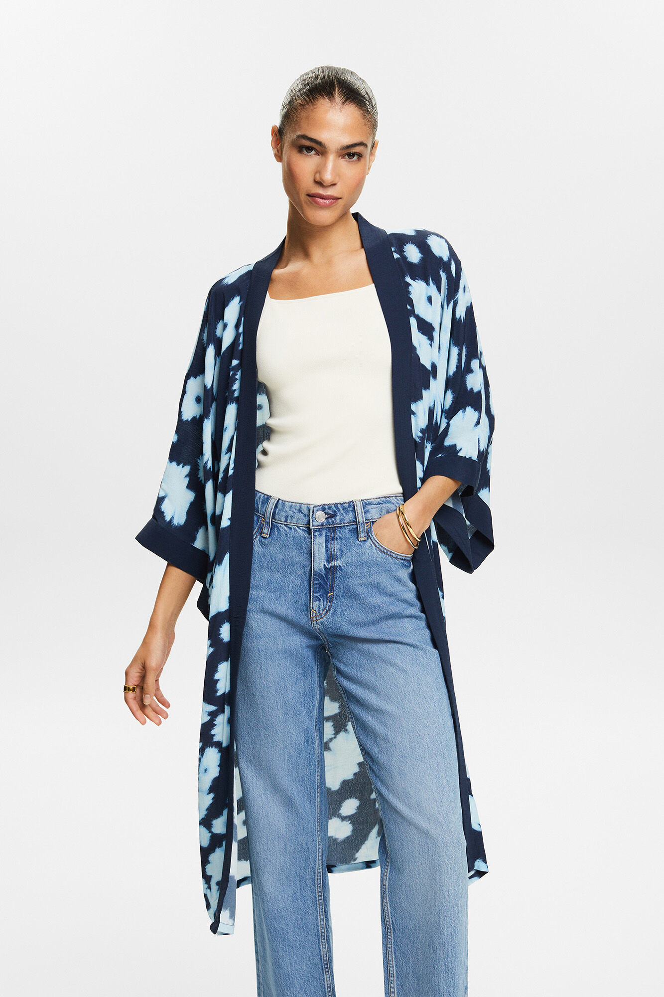 Esprit Long floral print kimono with Ecovero viscose Printed blue