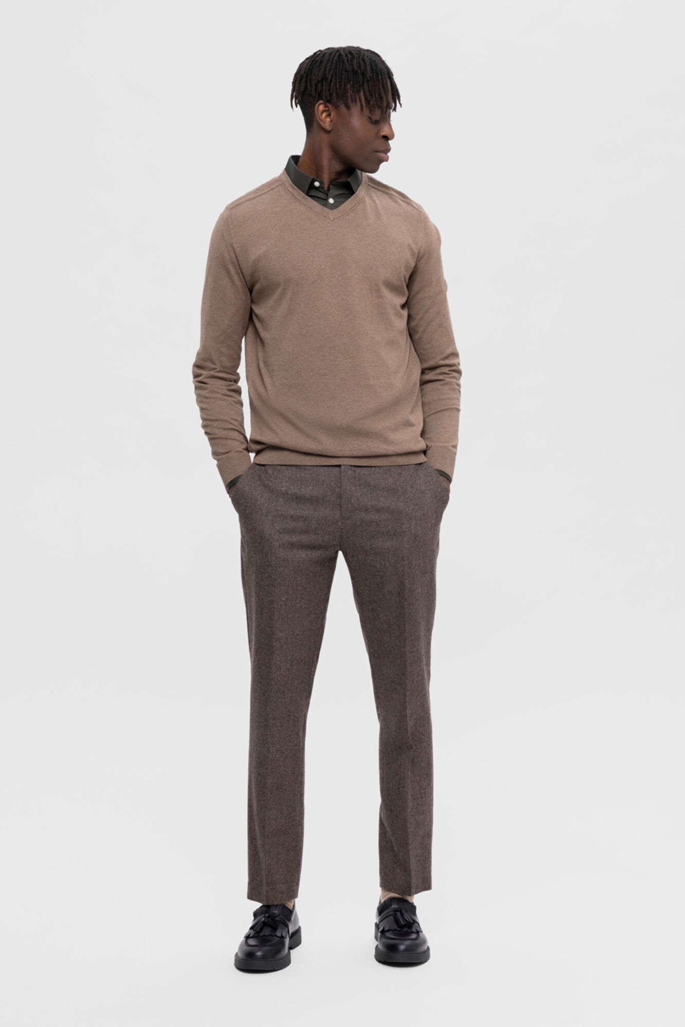 Selected Jersey con cuello de pico 100% algod&oacute;n Marr&oacute;n