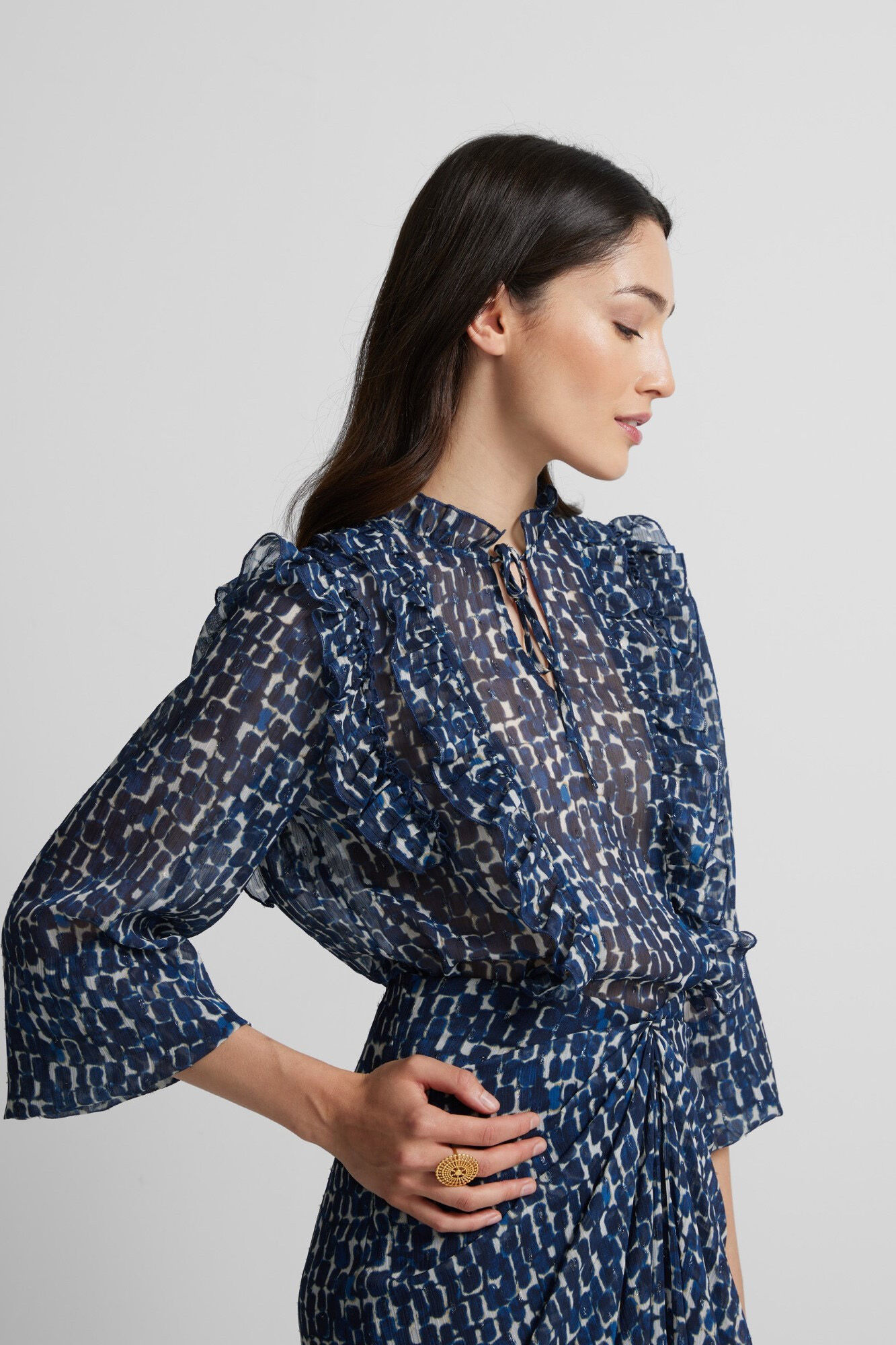 Silbon Blusa estampado com babados Azul