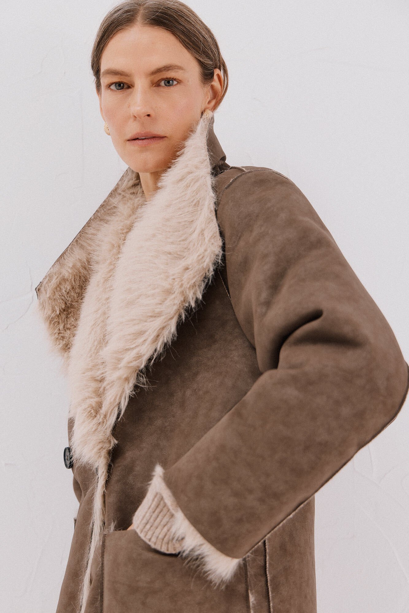 Cortefiel Long reversible fur coat Dark brown