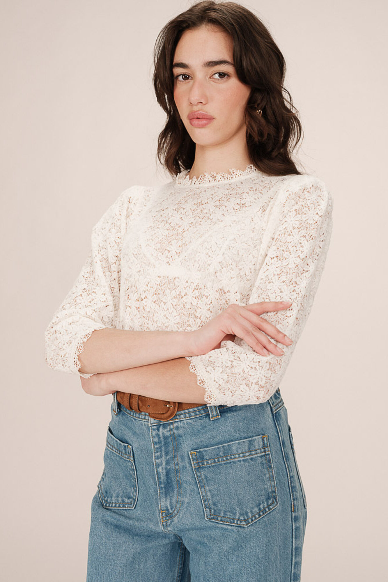 Grace & Mila Blusa de renda com manga 3/4 Branco