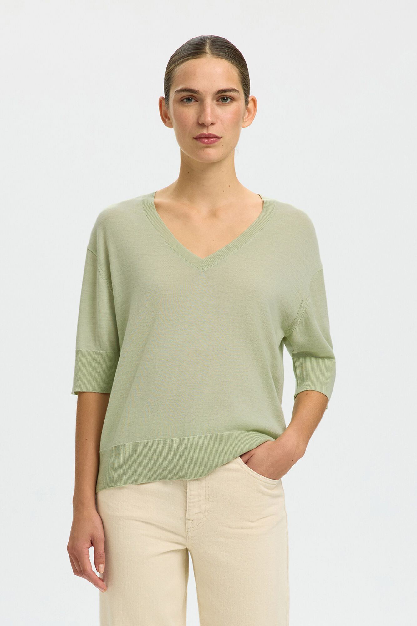 Selected 100% merino wool short sleeve jumper Green