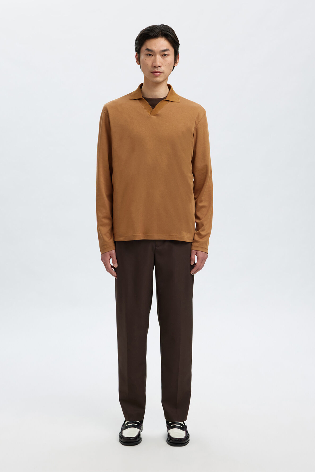 Selected long sleeve organic cotton polo shirt  Dark brown