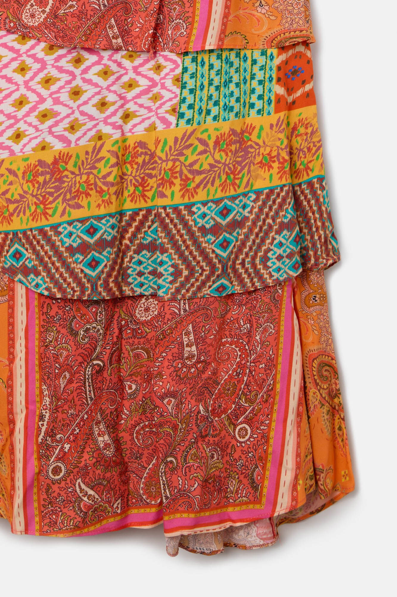 Silbon Vestido longo com estampado patchwork e babados Multicolorido