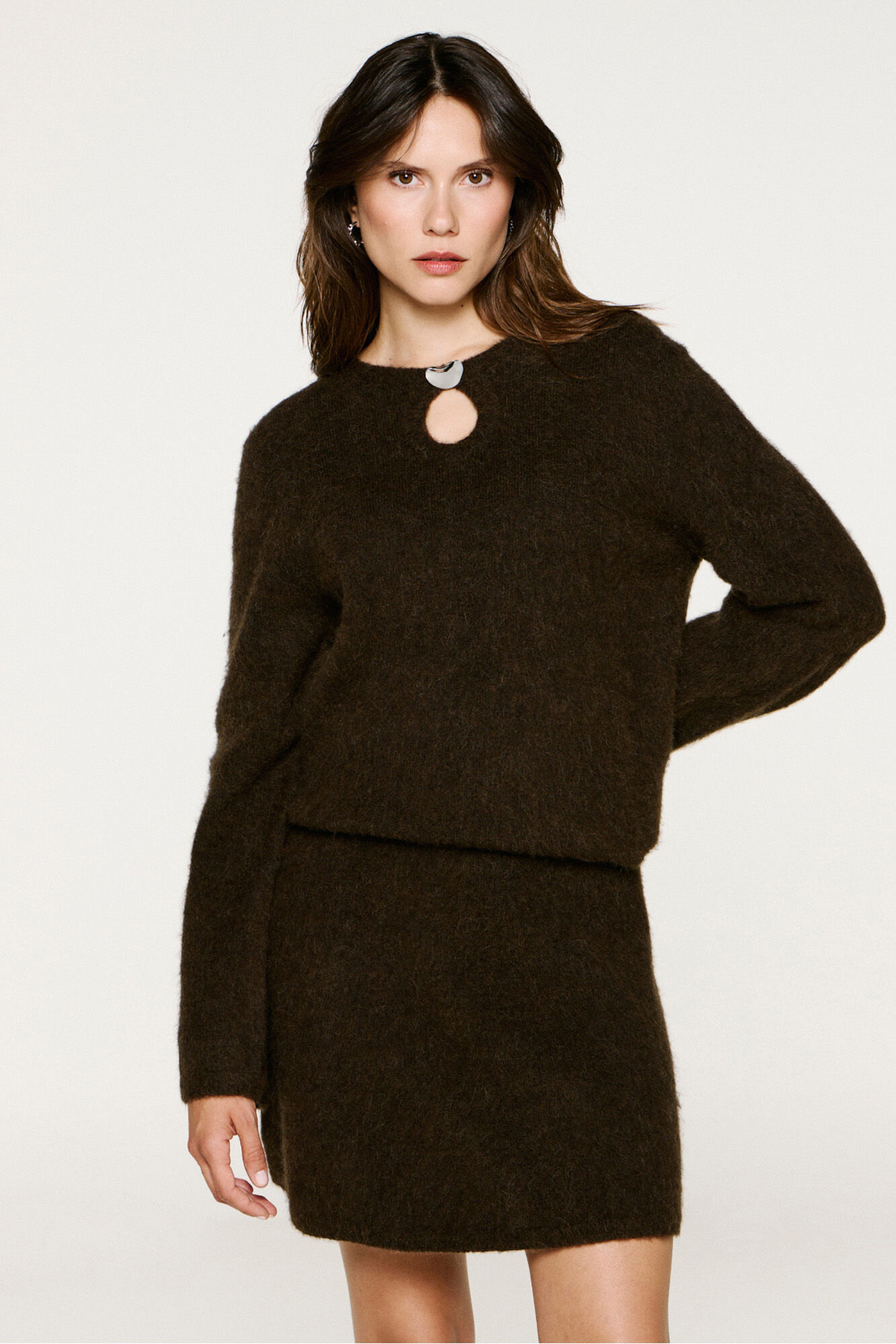 Selected Camisola com detalhes met&aacute;licos em l&atilde; e alpaca Castanho