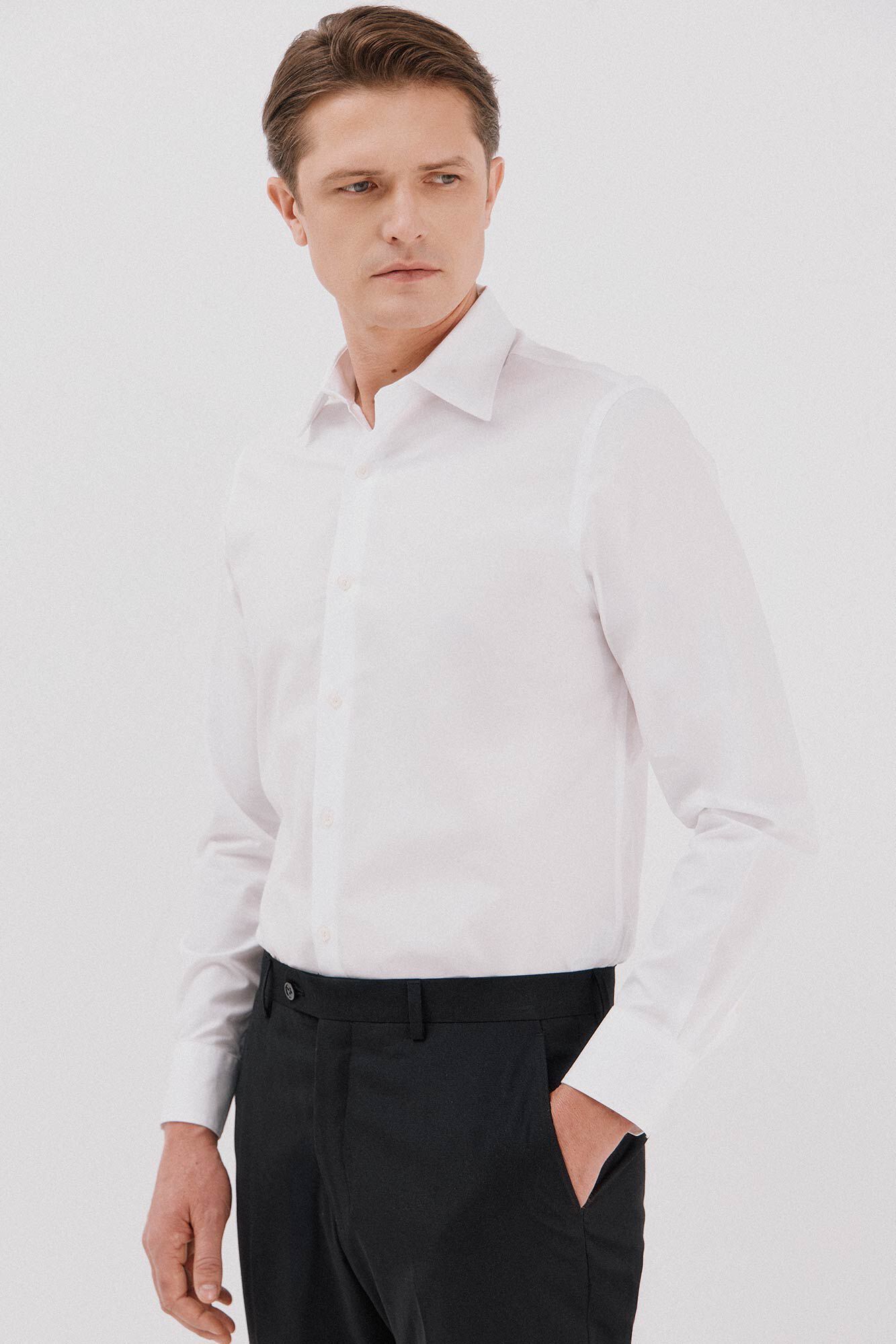 Cortefiel Camisa social lisa de algod&atilde;o tencel Branco