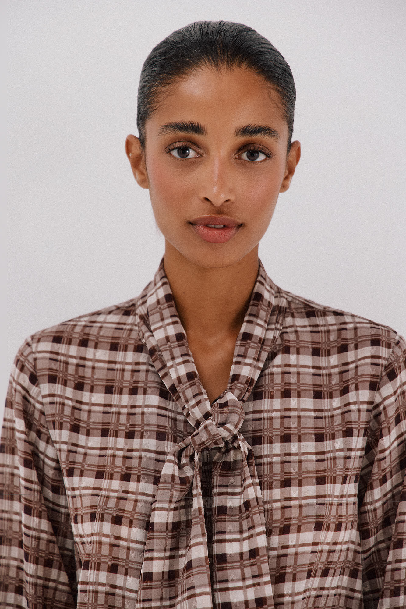 Cortefiel Checkered print bow or tie blouse Multicolour