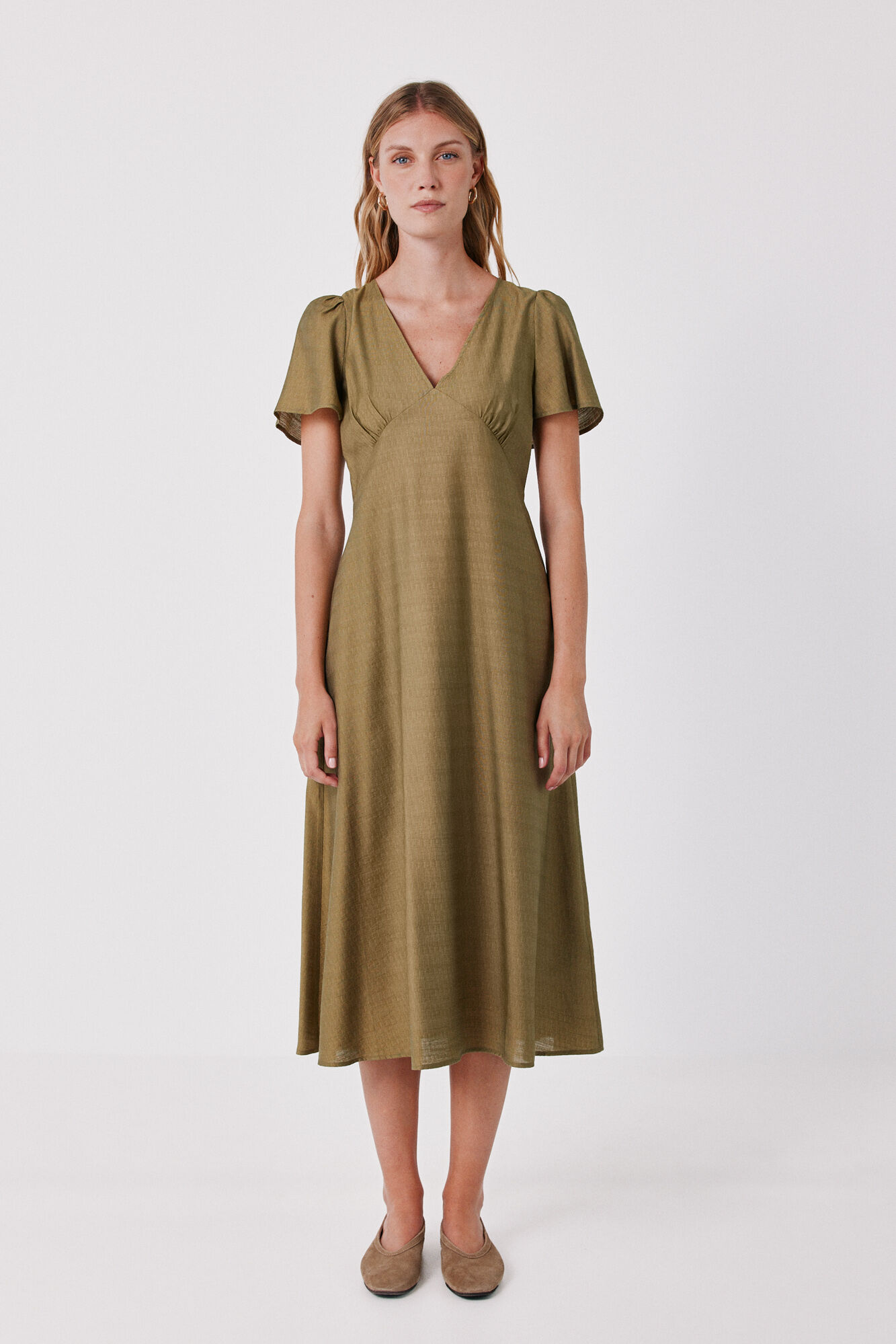 Cortefiel V-neck flutter sleeve dress Green