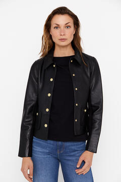 Cortefiel Leather jacket with gold buttons Black