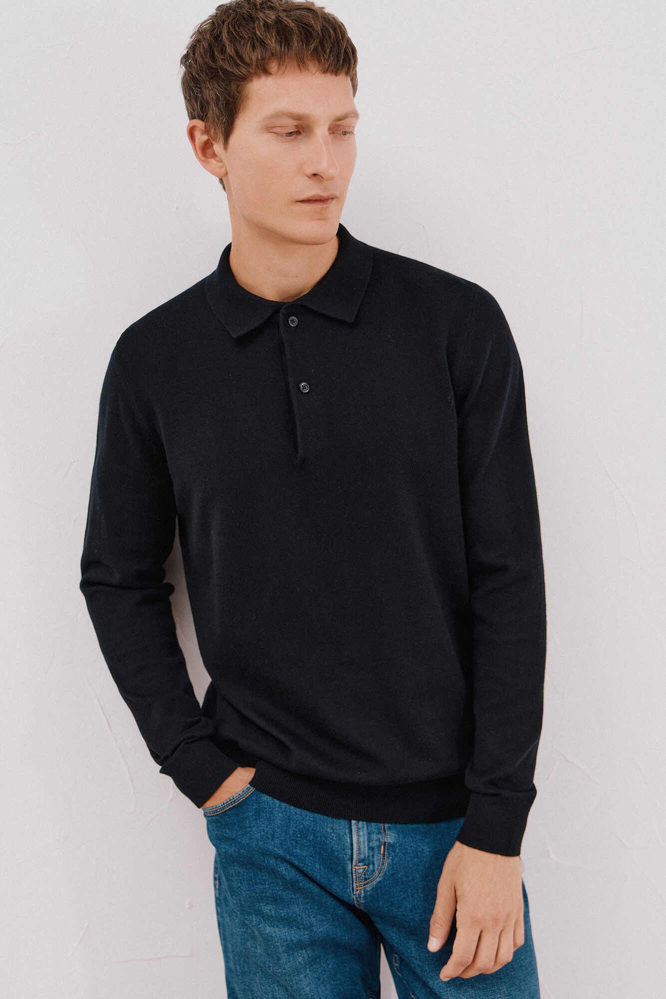 Cortefiel Cotton cashmere polo shirt neck jersey Black